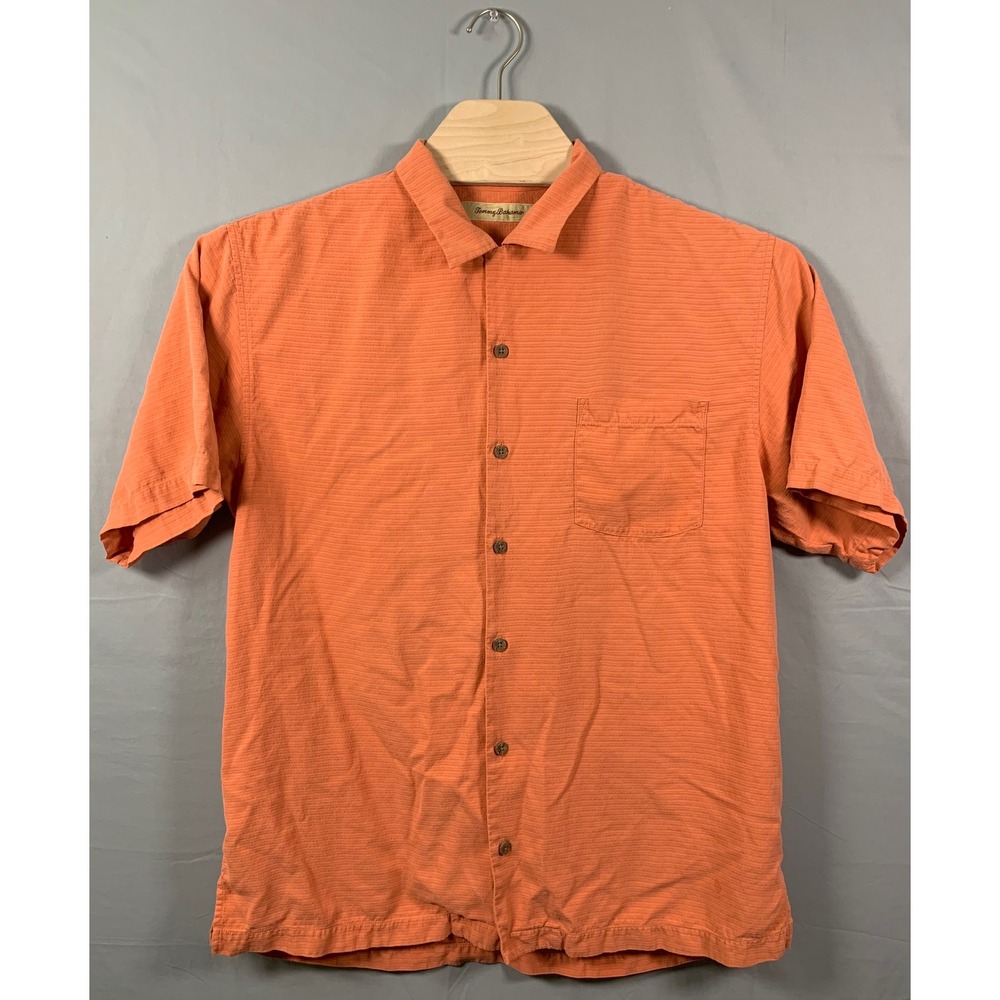 Tommy Bahama Mens Large Orange 100% Silk Short Sleeve Button Down Camp Shirt
